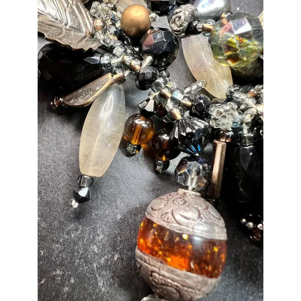 Artisan Copper Wire Necklace Glass Onyx Pyrite Amber Pearl 17”